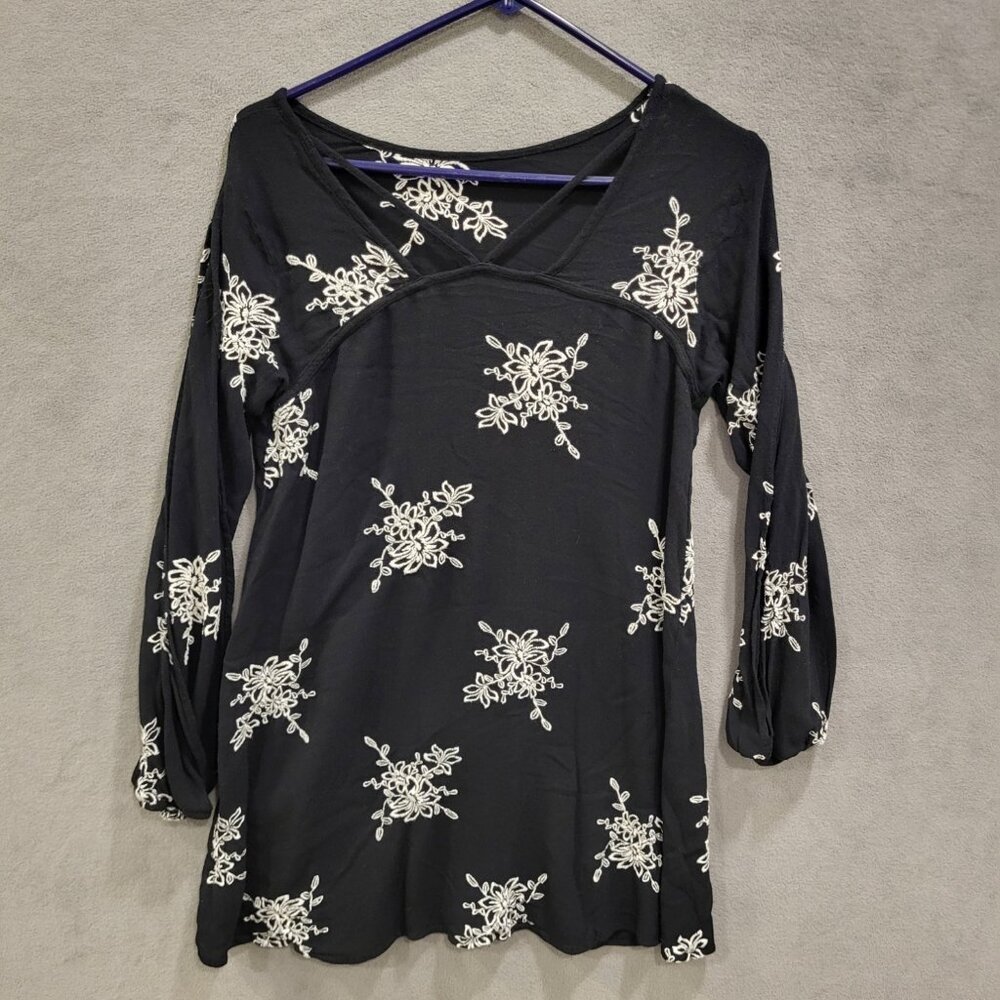Women's Black/White Floral Popover Embroidered Dress‎ Boho Peasant Split Sleeve